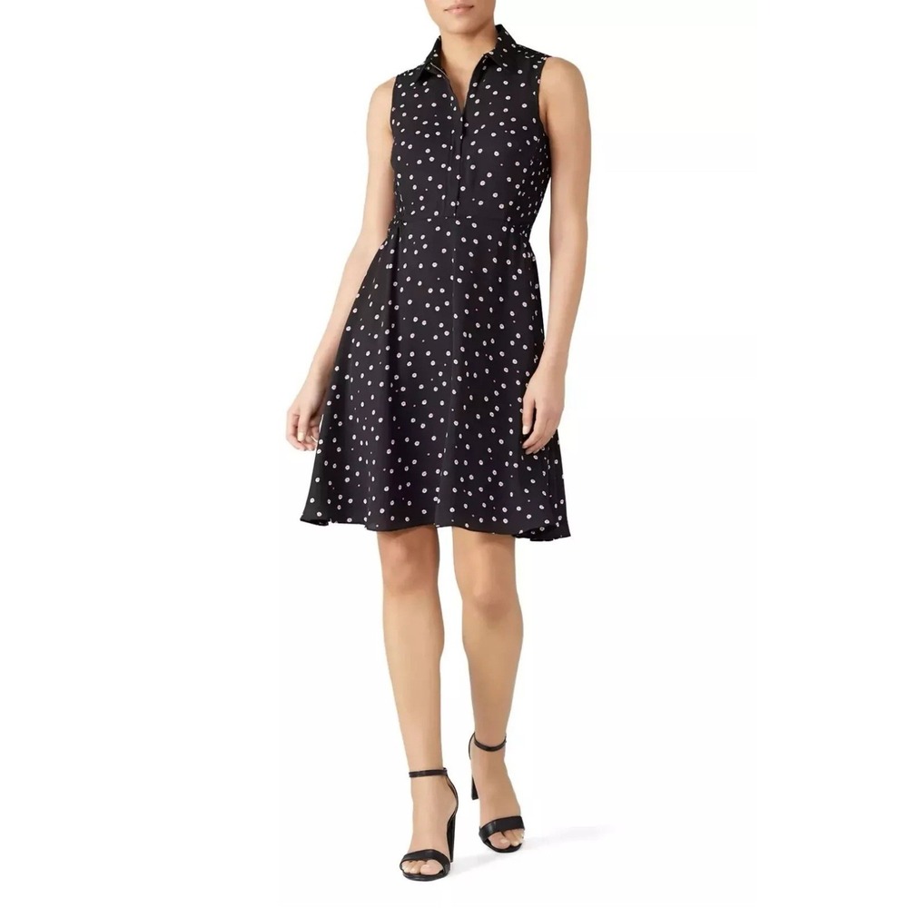 Kate Spade Daisy Dot Zip Shirt Dress Fit Flare 2 XS‎ Black Pink Smocked Midi
